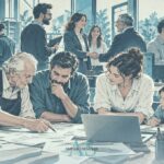 Ilustración de varias generaciones de una empresa familiar trabajando juntas en un taller