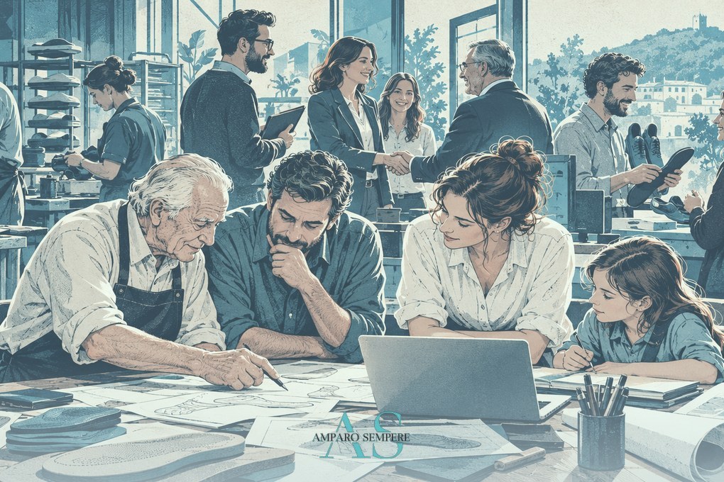 Ilustración de varias generaciones de una empresa familiar trabajando juntas en un taller